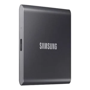 Front view of Samsung T7 2TB portable SSD in a sleek, smooth indigo blue metallic finish with a compact credit-card-sized profile.