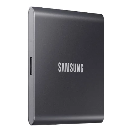 Front view of Samsung T7 2TB portable SSD in a sleek, smooth indigo blue metallic finish with a compact credit-card-sized profile.