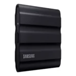 Front view of Samsung T7 Shield 1TB portable SSD in a titanium grey, ruggedized silicone shell for drop and water resistance.