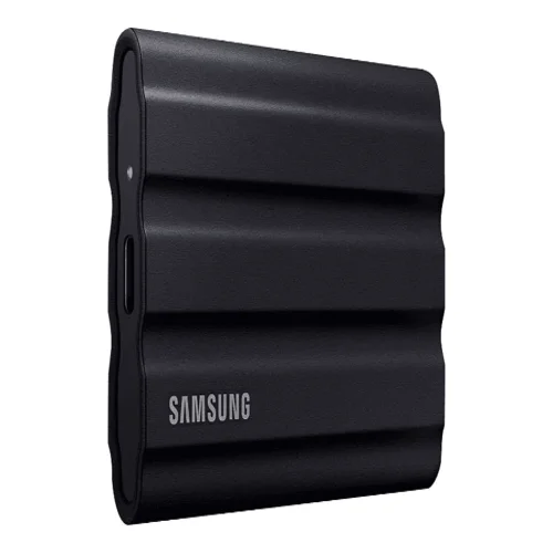 Front view of Samsung T7 Shield 1TB portable SSD in a titanium grey, ruggedized silicone shell for drop and water resistance.