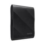 Front view of Samsung T9 4TB portable SSD featuring a ruggedized, carbon-patterned rubberized exterior and compact design.