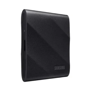 Front view of Samsung T9 4TB portable SSD featuring a ruggedized, carbon-patterned rubberized exterior and compact design.