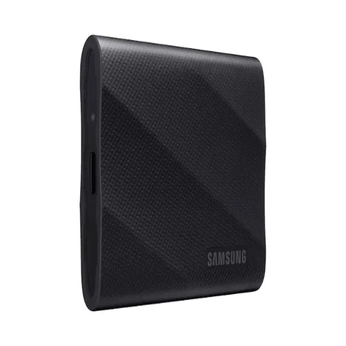 Front view of Samsung T9 4TB portable SSD featuring a ruggedized, carbon-patterned rubberized exterior and compact design.