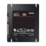 Rear view of the 2.5-inch SATA SSD showing the SATA data and power connectors and the detailed product serial number label.