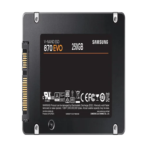 Rear view of the 2.5-inch SATA SSD showing the SATA data and power connectors and the detailed product serial number label.