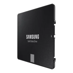 Front view of Samsung 870 EVO 2.5-inch SATA SSD featuring the iconic grey square logo on a matte black metallic casing.