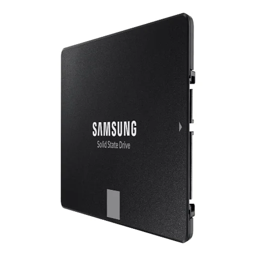Front view of Samsung 870 EVO 2.5-inch SATA SSD featuring the iconic grey square logo on a matte black metallic casing.