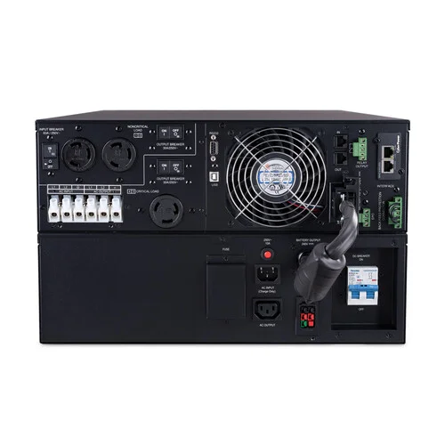 Rear view showing a large hardwire terminal block for input/output and multiple NEMA L6-30R locking outlets.