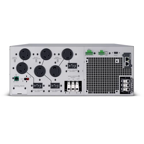 Rear view showing hardwire input/output terminals and multiple NEMA L6-20R/L6-30R locking outlets.