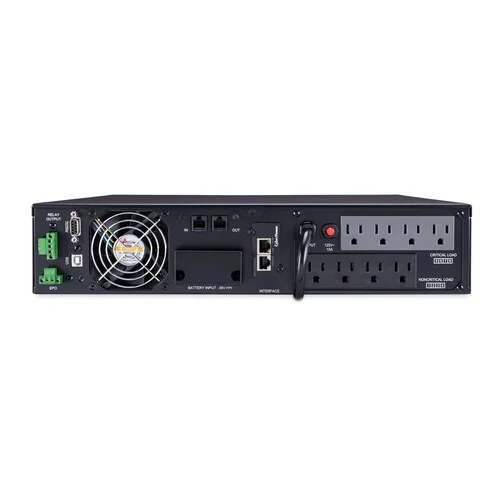 Rear view showing 8 NEMA 5-15R outlets and a specialized high-current connector for extended battery modules.