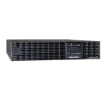 Front view of a 2U Online UPS with a pre-installed network management card and a blue multifunction LCD screen.