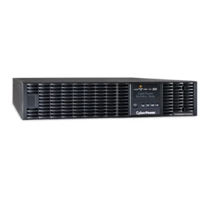 Front view of a 2U Online UPS with a pre-installed network management card and a blue multifunction LCD screen.