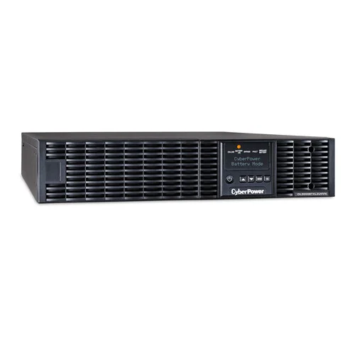 Front view of a 2U Online UPS with a pre-installed network management card and a blue multifunction LCD screen.