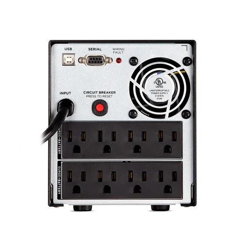 Rear view showing 6 NEMA 5-15R outlets, a USB communication port, and an RMCARD expansion slot.