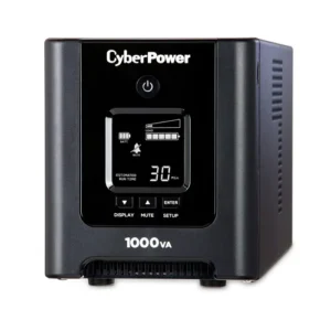 Front view of a 1U rackmount PFC Sinewave UPS featuring a blue backlit LCD and a slim 1.75-inch faceplate.