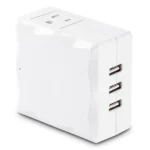 Front view of a compact white 2-outlet wall tap surge protector with 500 Joules of electrical protection.
