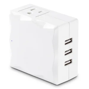 Front view of a compact white 2-outlet wall tap surge protector with 500 Joules of electrical protection.