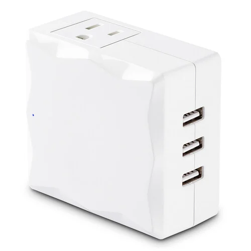 Front view of a compact white 2-outlet wall tap surge protector with 500 Joules of electrical protection.