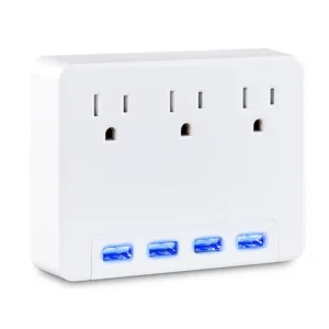 Front view of a compact white wall tap showing three AC outlets in a vertical row for expanding wall power.