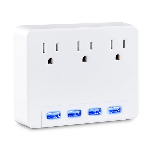 Front view of a compact white wall tap showing three AC outlets in a vertical row for expanding wall power.