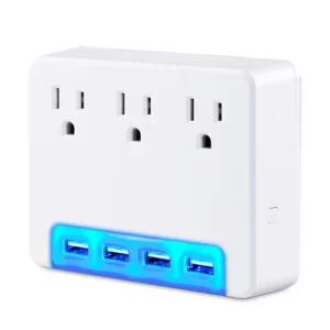 Front view of CyberPower P3WUH wall tap showing three AC outlets and dual USB charging ports in a white compact housing.