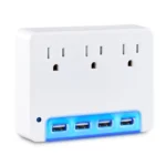 Front view of a white wall tap adapter showing three NEMA 5-15R outlets in a vertical layout.