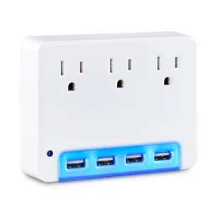 Front view of a white wall tap adapter showing three NEMA 5-15R outlets in a vertical layout.