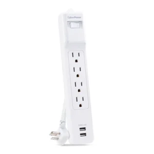 Front view of a 4-outlet white surge protector strip featuring two USB-A charging ports and a master switch.
