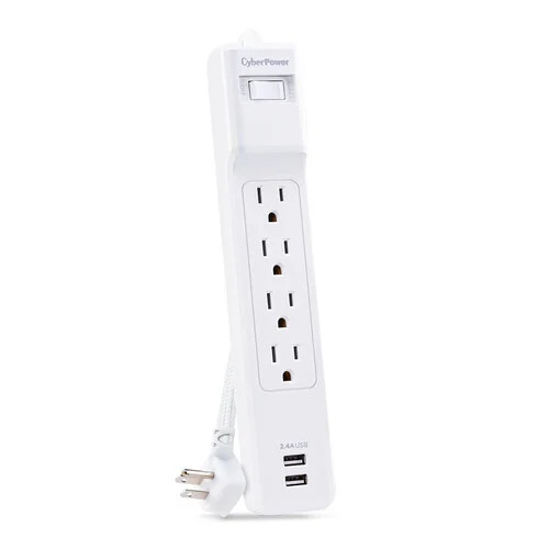 Front view of a 4-outlet white surge protector strip featuring two USB-A charging ports and a master switch.