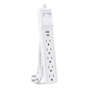 Front view of a Home Office surge protector with 5 outlets and integrated USB-A and USB-C charging ports.