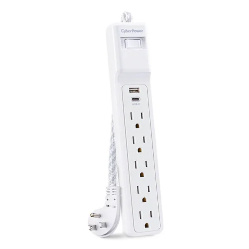 Front view of a Home Office surge protector with 5 outlets and integrated USB-A and USB-C charging ports.