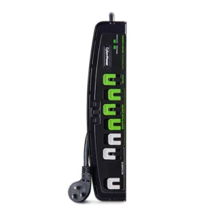 Front view of an Essential 7-outlet surge protector in green and black, featuring one master and three "Eco" outlets.