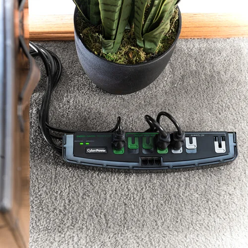 Side view showing the slim profile and the illuminated power switch with an integrated circuit breaker.