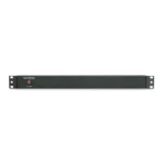 Front view of a 1U rackmount basic PDU featuring a clean black metal faceplate with a covered master power switch.