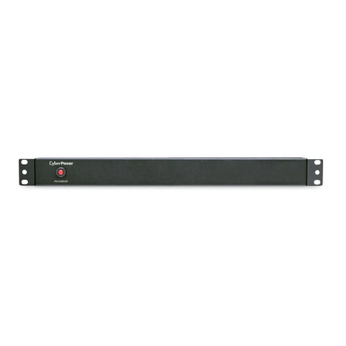 Front view of a 1U rackmount basic PDU featuring a clean black metal faceplate with a covered master power switch.