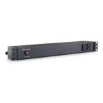 Front view of a 1U rackmount basic PDU showing 2 NEMA 5-15R outlets and a master power switch with a protective cover.