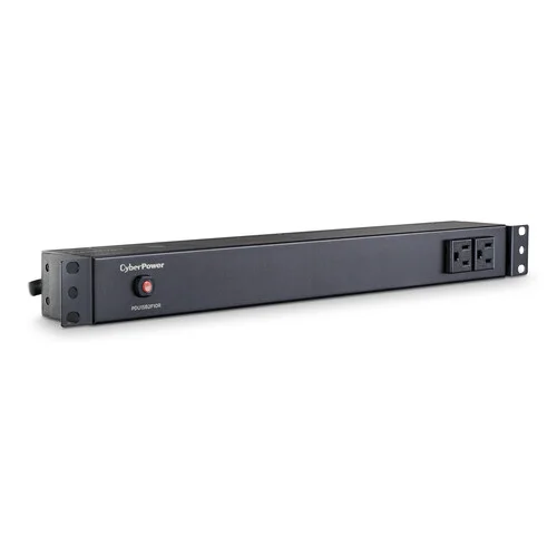 Front view of a 1U rackmount basic PDU showing 2 NEMA 5-15R outlets and a master power switch with a protective cover.