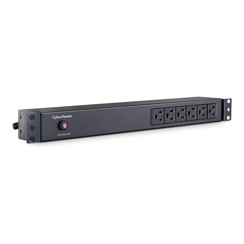 Front view of a 1U basic PDU showing 6 front-facing NEMA 5-15R outlets and a covered master power switch.