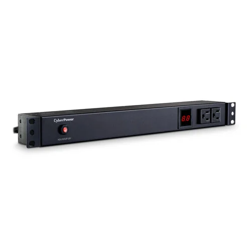 Front view of a 1U metered PDU showing the digital real-time amperage meter and 2 front-facing outlets.