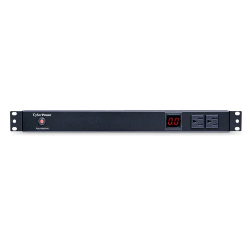 Front view of a 1U metered PDU featuring 2 front-facing outlets and a digital local load meter for real-time monitoring.