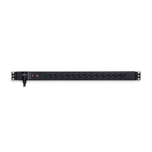 Front view of a 0U vertical basic PDU featuring 14 NEMA 5-20R outlets in a switchless industrial design.