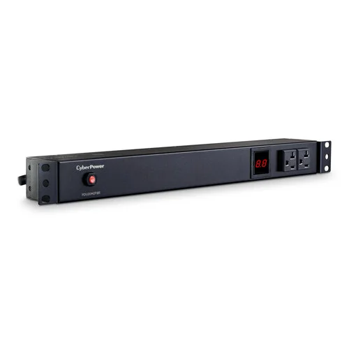 Front view of a 1U metered PDU featuring 2 front-facing NEMA 5-20R outlets and a digital real-time amperage load meter.