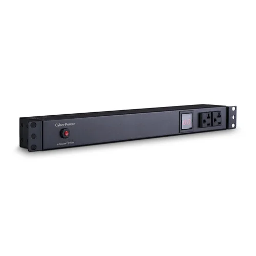 Front view of a 1U metered PDU showing 2 front-facing NEMA 5-20R outlets and a digital amperage display.