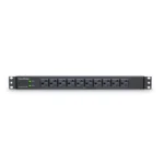 Front view of a 1U basic PDU showing 10 front-facing NEMA 5-15/20R outlets and a master power switch.