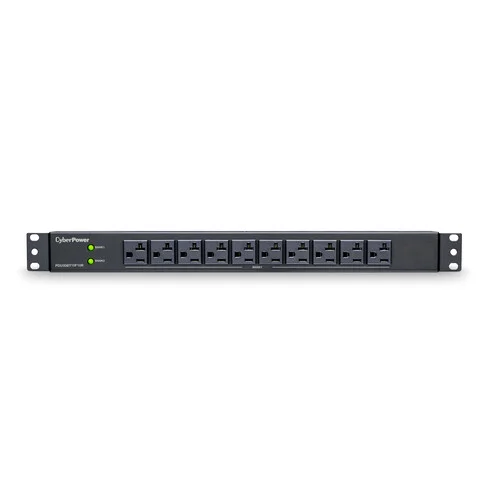 Front view of a 1U basic PDU showing 10 front-facing NEMA 5-15/20R outlets and a master power switch.