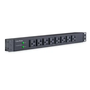 Front view of a 1U basic PDU showing 8 front-facing NEMA 5-15/20R outlets and a master power switch.
