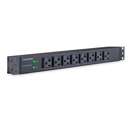 Front view of a 1U basic PDU showing 8 front-facing NEMA 5-15/20R outlets and a master power switch.