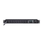 Front view of a 2U horizontal monitored PDU featuring 8 NEMA 5-20R outlets and a digital amperage display.