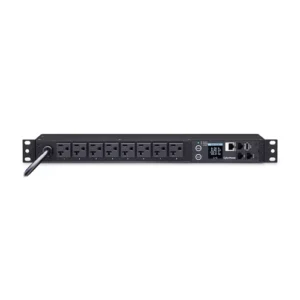 Front view of a 2U horizontal monitored PDU featuring 8 NEMA 5-20R outlets and a digital amperage display.