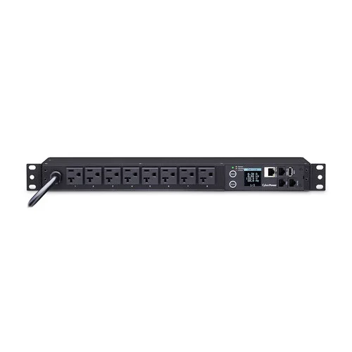 Front view of a 2U horizontal monitored PDU featuring 8 NEMA 5-20R outlets and a digital amperage display.